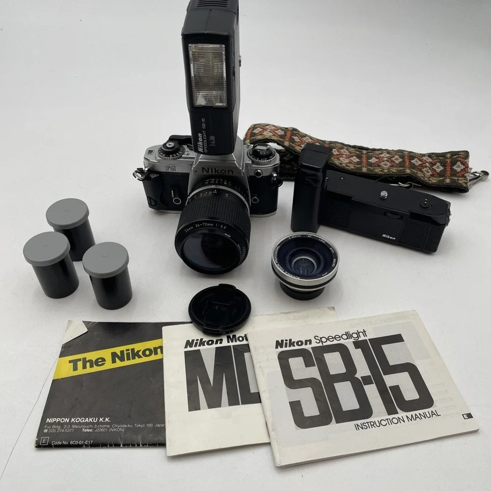 Nikon FG 35mm SLR Film Camera BUNDLE +Zoom 36-72mm Lens+Nikon Auto Rewind &Flash